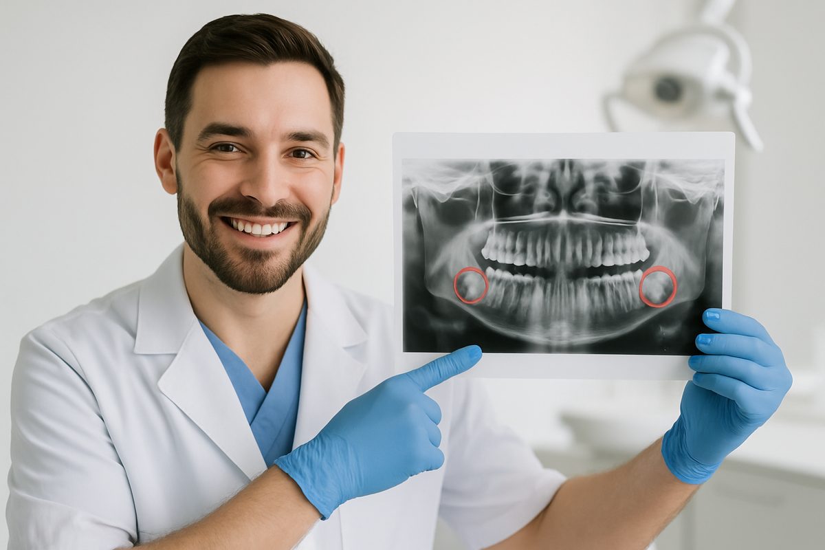 Image of a dentist smiling and pointing to an x-ray of a patient's mouth, highlighting the wisdom teeth, indicating a planned and healthy extraction process. No text on image.