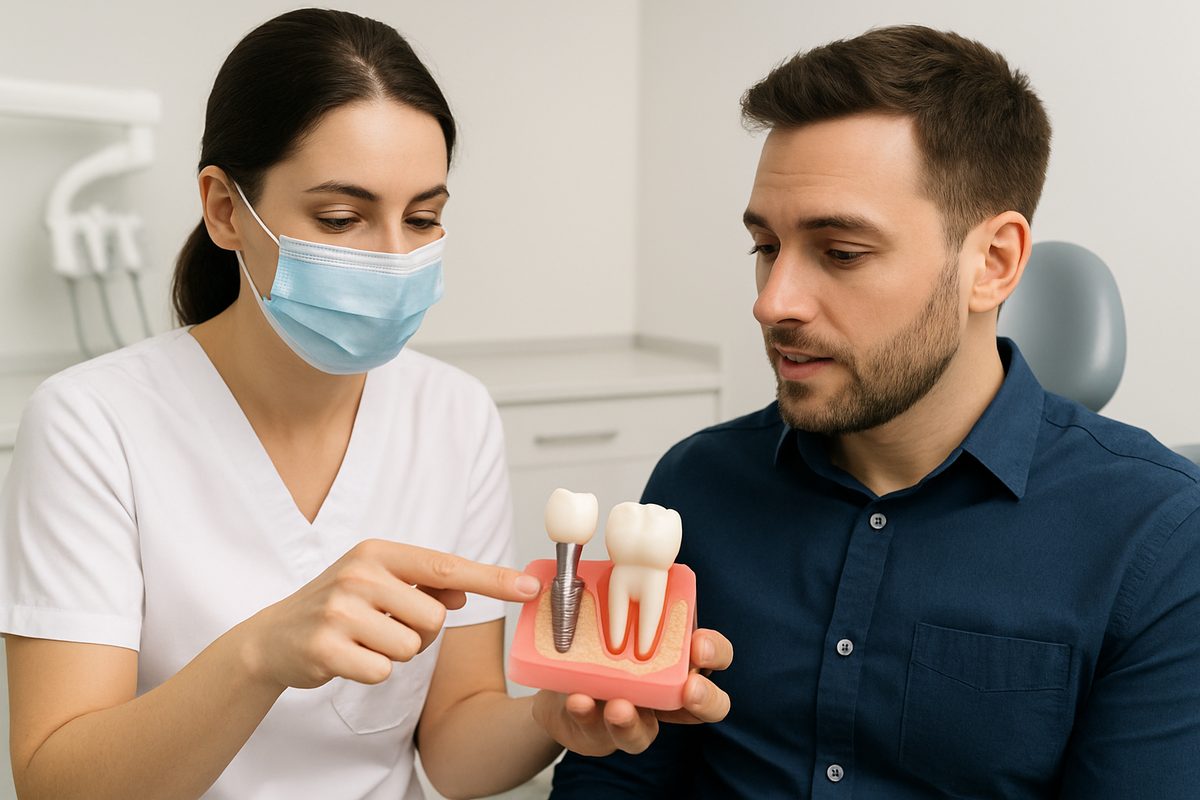 Image of a dentist showing a patient a 3D model of a dental implant, abutment, and crown placement. The dentist is pointing to the area on the model to show the patient. No text on the image.