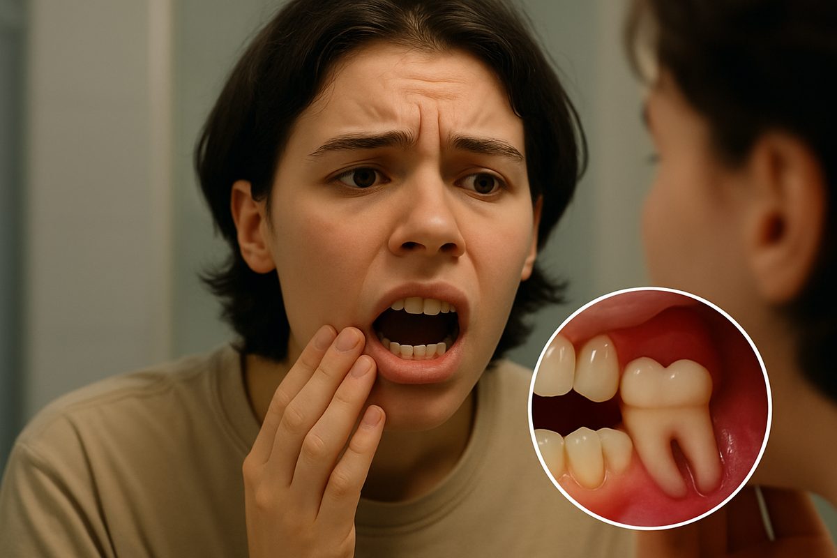 Image of a concerned young person looking in the mirror at their teeth, with the wisdom teeth in the very back highlighted and enlarged. No text on image.