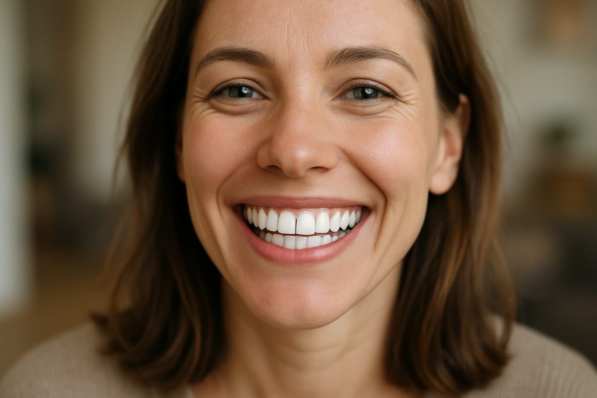 A person smiling with perfect white teeth, indicating they are a good candidate for dental implants. The background is blurred, focusing on the smile. No text on image.
