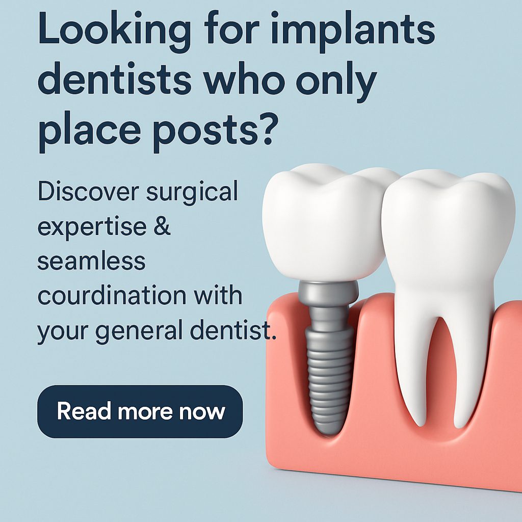 Image of a dental implant surgeon handing off digital scans and implant specifications to a general dentist, showing seamless coordination of care. No text on image.