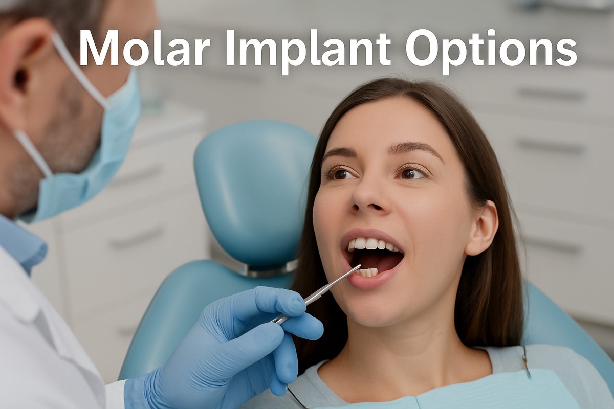 Image of a patient in a dental chair, mouth open, with a dentist pointing to a molar implant site with a dental instrument. Text on the image says "Molar Implant Options".