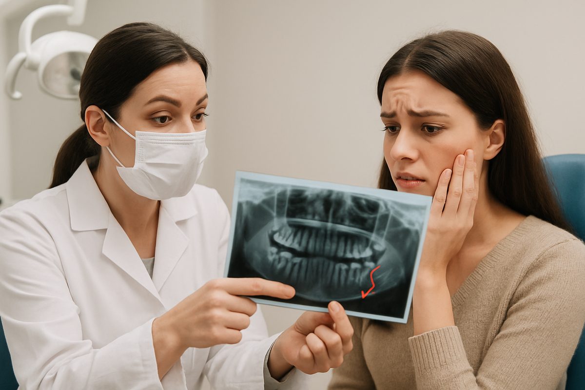Image of a dentist explaining a dental x-ray to a concerned patient, highlighting the location of wisdom teeth. No text on image.