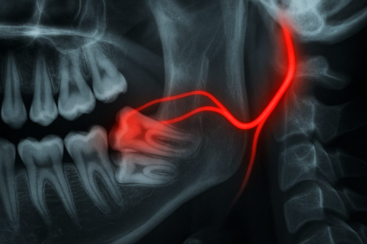 Close up X-ray of impacted wisdom teeth with one pressing against the trigeminal nerve. The nerve is highlighted in bright red, going towards the ear. No text on image.