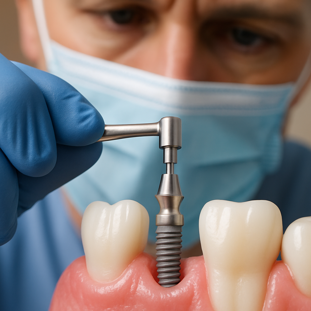 Close up view of a dentist carefully attaching a tooth post (abutment) to a dental implant, showcasing the precision required for a successful restoration. Focus on the connection between the implant and the abutment. No text on the image.