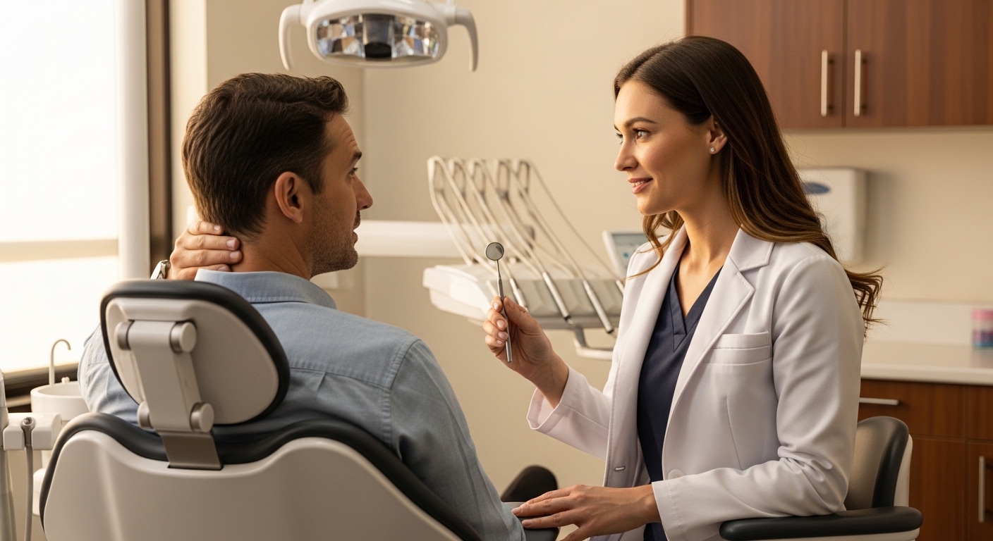 Patient and dentist discussing gum health in modern dental office