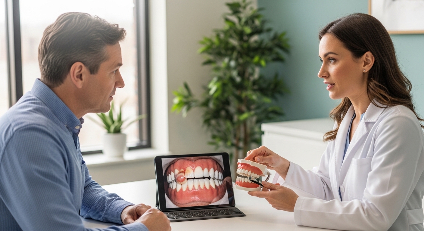 Dental consultation addressing gum swelling under a tooth in a professional setting