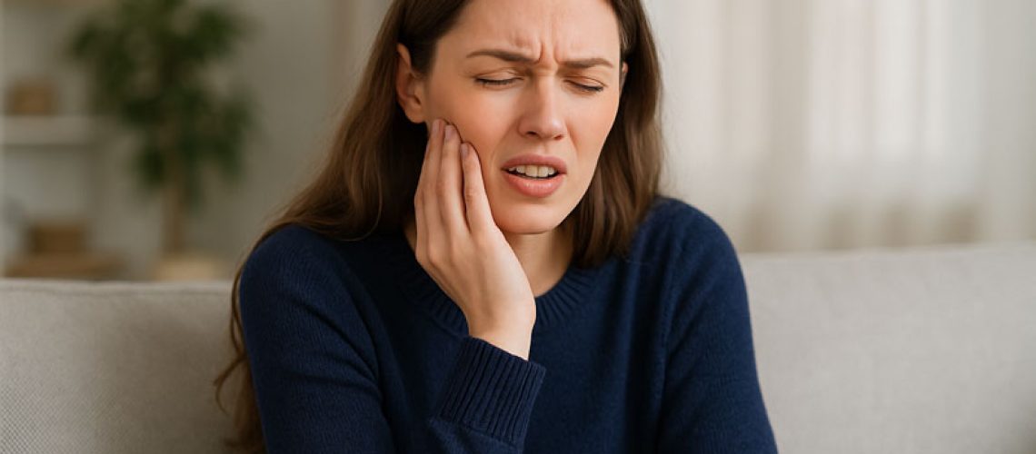Women sitting on a couch in house, in pain, wisdom tooth pain holding cheek.