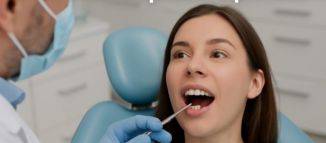 Image of a patient in a dental chair, mouth open, with a dentist pointing to a molar implant site with a dental instrument. Text on the image says "Molar Implant Options".