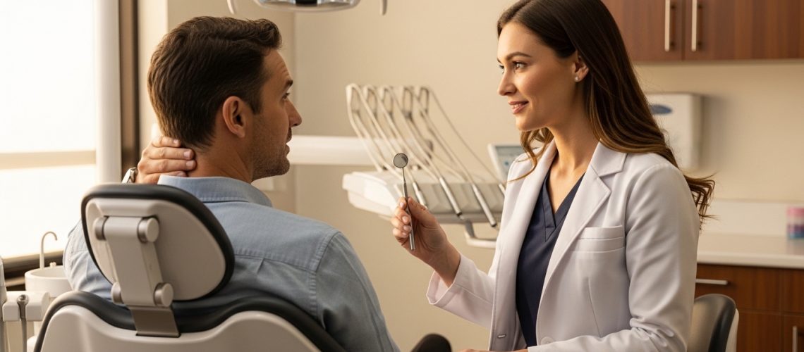 Patient and dentist discussing gum health in modern dental office