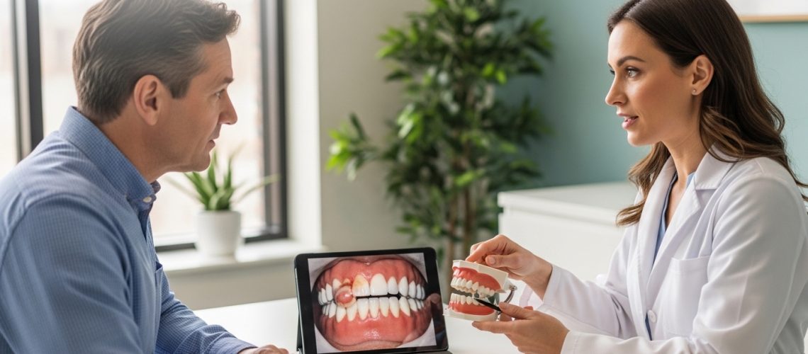 Dental consultation addressing gum swelling under a tooth in a professional setting
