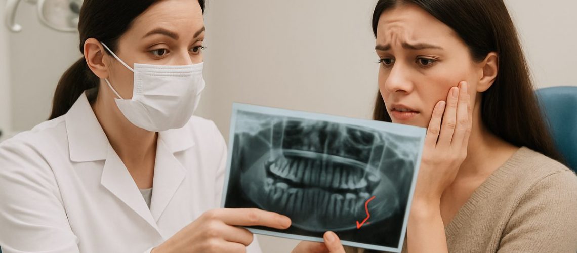 Image of a dentist explaining a dental x-ray to a concerned patient, highlighting the location of wisdom teeth. No text on image.