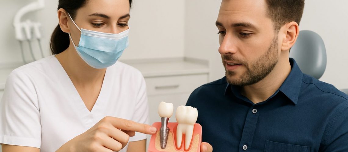Image of a dentist showing a patient a 3D model of a dental implant, abutment, and crown placement. The dentist is pointing to the area on the model to show the patient. No text on the image.