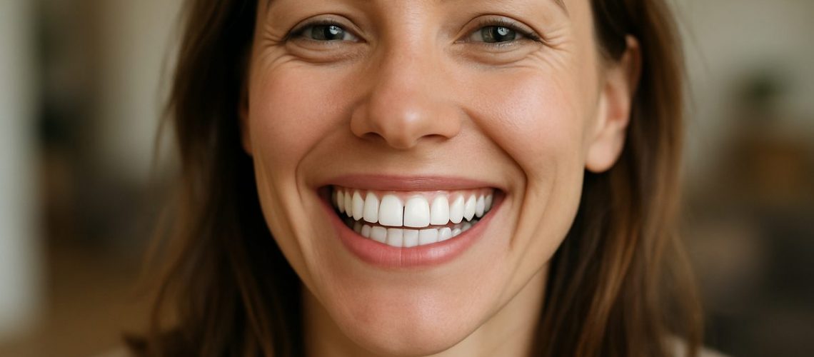 A person smiling with perfect white teeth, indicating they are a good candidate for dental implants. The background is blurred, focusing on the smile. No text on image.