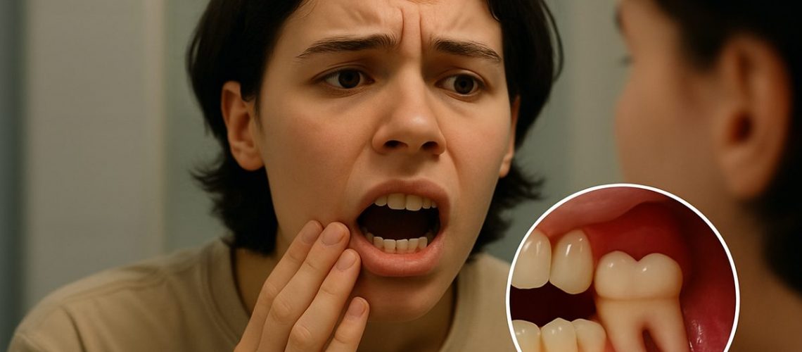 Image of a concerned young person looking in the mirror at their teeth, with the wisdom teeth in the very back highlighted and enlarged. No text on image.