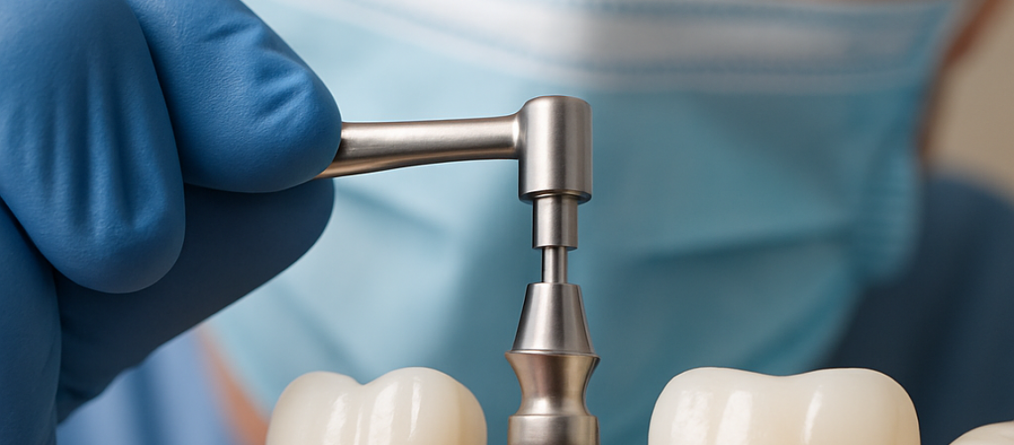 Close up view of a dentist carefully attaching a tooth post (abutment) to a dental implant, showcasing the precision required for a successful restoration. Focus on the connection between the implant and the abutment. No text on the image.